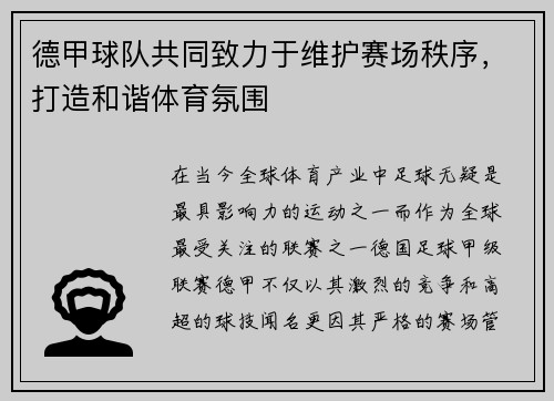 德甲球队共同致力于维护赛场秩序，打造和谐体育氛围